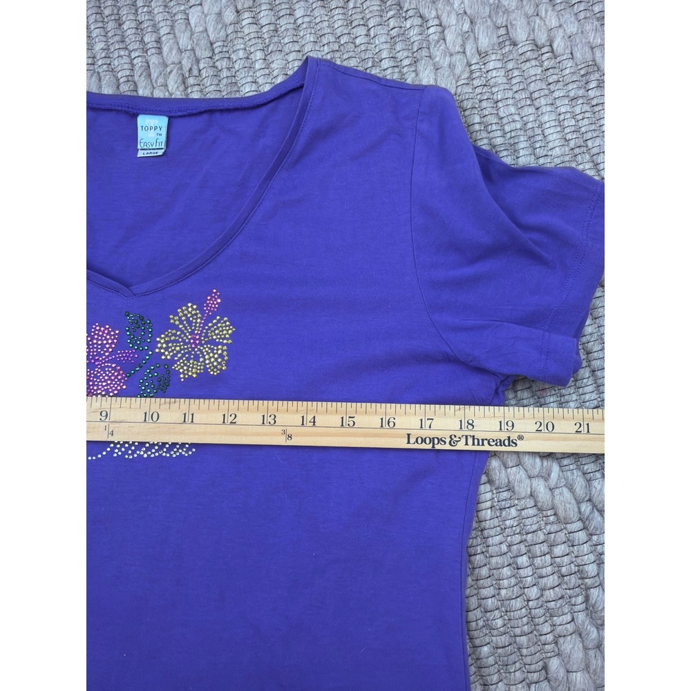 Toppy V-Neck T-Shirt Women Lg Purple Maui Rhinestone Hibiscus Floral Vtg - Picture 7 of 8